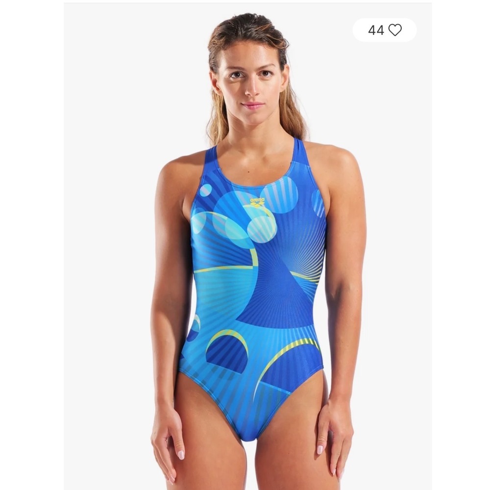 Arena Depth V Back One Piece Swimsuit Blue Multi Neon Blue Size USA 34